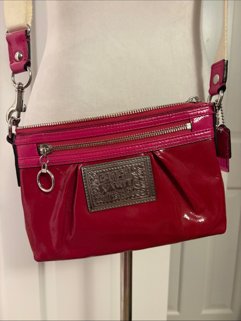 Coach Two-Tone Patent Crossbody in Red and Pink